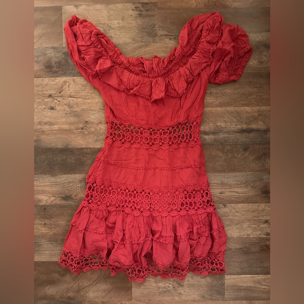 Red free people cotton eyelet dress with ruffle and flounce skirt